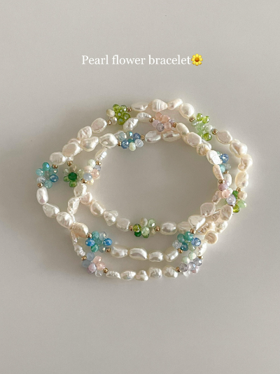 봄봄 못난이 담수 진주 비즈 꽃 밴딩 팔찌(3color)